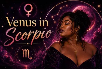 Celestial Venus in Scorpio graphic with a beautiful woman, Venus and Scorpio symbols, stars, purple clouds, and a glowing planet.