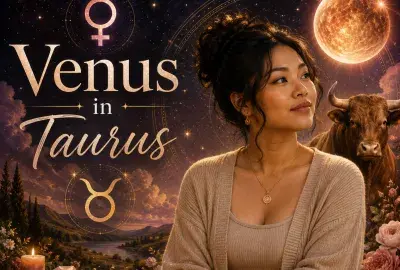Celestial Venus in Taurus graphic with a beautiful woman, Venus and Taurus symbols, brown bull, stars, flowers, and a glowing planet.