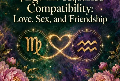 Virgo and Aquarius symbols joined by a glowing heart with peonies