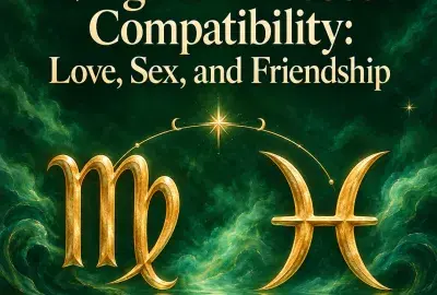Gold Virgo and Pisces symbols over emerald water