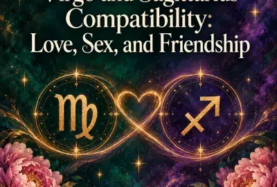 Gold Virgo and Sagittarius symbols joined by a glowing heart with peonies