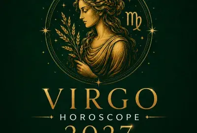 Gold Virgo maiden and zodiac symbol on a deep emerald green background with “Virgo Horoscope 2027: Your Complete Year Ahead.”