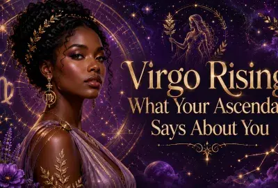 Celestial Virgo Rising image with a woman, Virgo symbols, flowers, and gold astrology details against a purple cosmic sky.