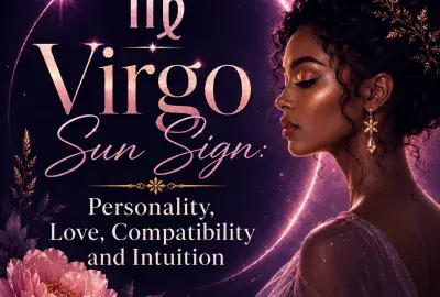 Virgo Sun Sign astrology graphic featuring a Black woman, Virgo symbol, pink flowers, and celestial imagery representing personality, love, compatibility, and intuition.