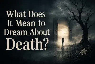 Dream about death meaning with a figure walking toward a glowing doorway.