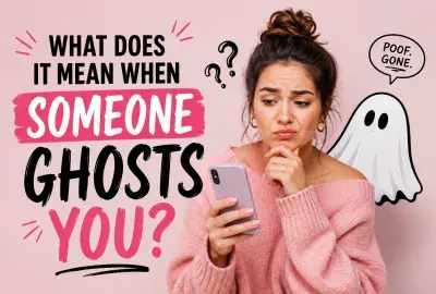 Woman looking confused at her phone beside a playful ghost illustration, representing what it means when someone suddenly ghosts you.