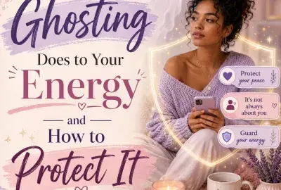 Woman holding her phone inside a glowing protective shield with a soft ghost nearby, representing how ghosting affects your energy and the importance of protecting your peace.