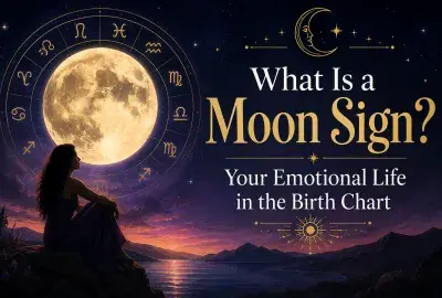 Celestial moon sign graphic with a glowing full moon, zodiac wheel, starry sky, and woman overlooking a mountain lake.
