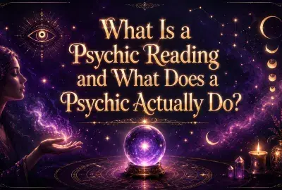 Psychic holding glowing energy beside a crystal ball, moon phases, stars, and the words “What Is a Psychic Reading and What Does a Psychic Actually Do?”