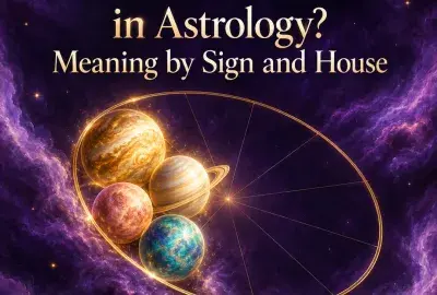 Four planets clustered on a gold zodiac wheel in a violet nebula