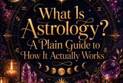 Celestial astrology image featuring a golden zodiac wheel, moon phases, stars, crystals, candles, and the title What Is Astrology? A Plain Guide to How It Actually Works.