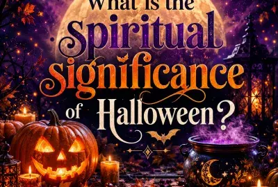 purple backgroung with an orange moon with the text "what is the spiritual signficance of halloween?" with a Jack O Lantern, tarot cards, bat and calduron 
