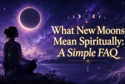 Woman meditating beneath a glowing new moon with the words What New Moons Mean Spiritually: A Simple FAQ.