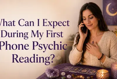 Woman having her first phone psychic reading in a warm, peaceful setting.