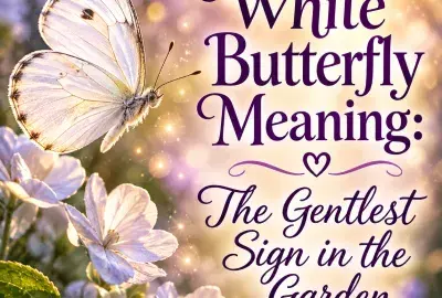 White butterfly meaning illustration showing a white butterfly as a spiritual symbol of peace, hope, purity, gentle guidance, and new beginnings.