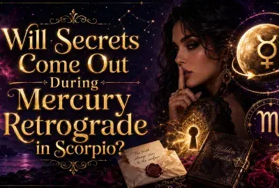 Mercury retrograde in Scorpio image with glowing text, Scorpio and Mercury symbols, and a woman making a shushing gesture.
