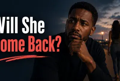 Worried man wondering whether a woman walking away will come back.