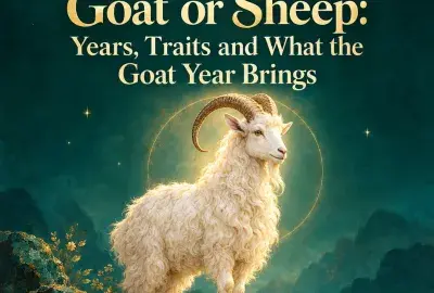 Curly white goat standing on a green mountain ledge
