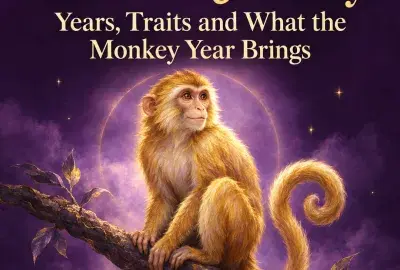Golden monkey sitting on a branch under a violet sky