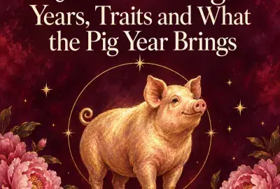 Golden pig inside a gold ring with pink peonies on crimson