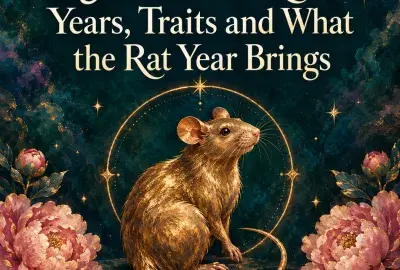 Golden rat inside a gold ring with pink peonies