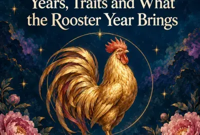 Golden rooster inside a gold ring with pink peonies