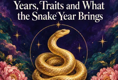 Golden coiled snake inside a gold ring with pink peonies