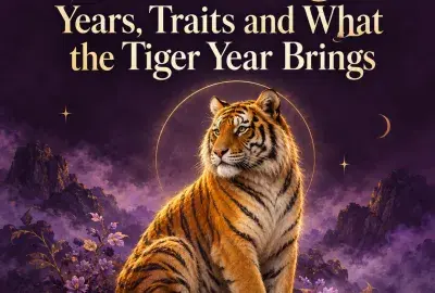 Golden tiger sitting on a rock under a violet sky