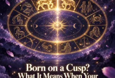 Golden zodiac wheel in a violet night sky