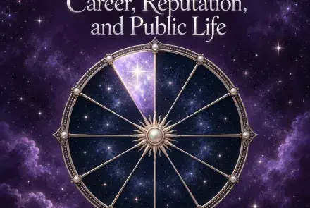 Celestial astrology wheel with the tenth house illuminated against a violet starry sky.