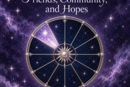 Celestial astrology wheel with the eleventh house illuminated against a violet starry sky.