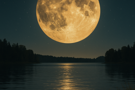 sturgeon on shore in foreground with full moon over a lake with text "sturgeon Moon"