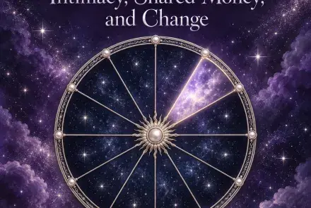 Celestial astrology wheel with the eighth house illuminated against a violet starry sky.