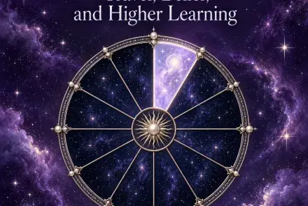 Celestial astrology wheel with the ninth house illuminated against a violet starry sky.