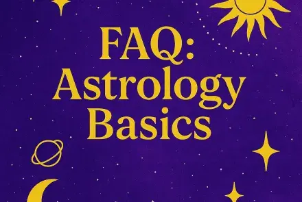 FAQ Astrology Basics graphic with golden zodiac symbols on violet background, featuring sun, moon, and stars design