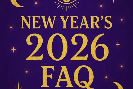 Mystical purple and gold New Year’s 2026 Psychic FAQ image featuring crescent moons, an all-seeing eye, and glowing stars to represent intuition and new beginnings