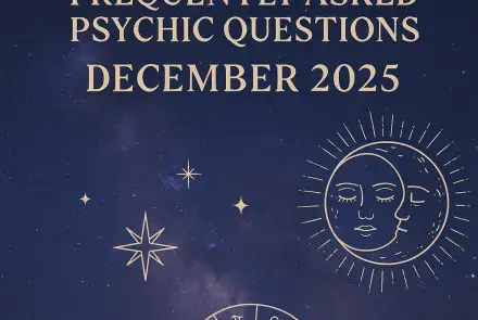 Mystical December 2025 psychic FAQ image with moon, stars, and violet winter solstice theme