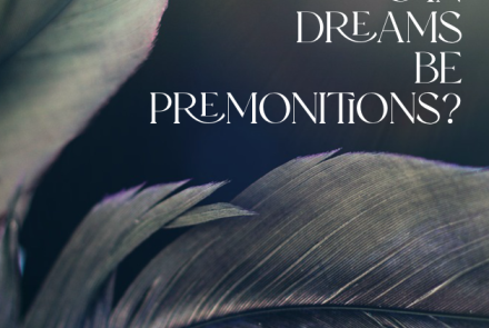 Feathers on a grey background with text "can dreams be premonitions?"