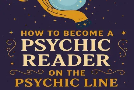 Violet and gold graphic with crystal ball and stars promoting The Psychic Line psychic reader FAQ