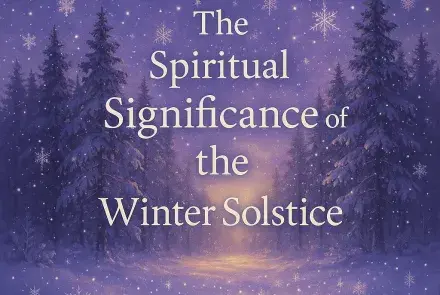 Mystical winter solstice sunrise with sparkling snowflakes and glowing text reading ‘The Spiritual Significance of the Winter Solstice’