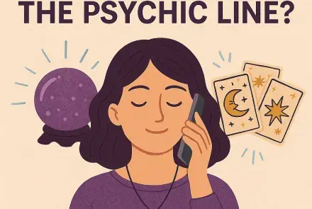 Mystical illustration with a woman on the phone, glowing crystal ball, and tarot cards, symbolizing The Psychic Line’s unique psychic services