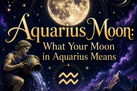 Celestial Aquarius Moon graphic with a glowing full moon, Aquarius symbol, water bearer, stars, mountains, and reflective lake.