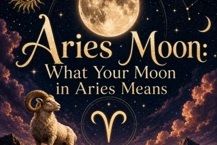 Celestial Aries Moon graphic with a glowing full moon, Aries symbol, golden ram, stars, and mountain landscape.