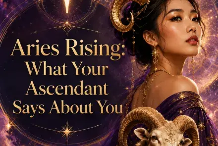 Celestial Aries Rising image with a woman, a ram, and glowing gold astrology details against a purple cosmic sky.