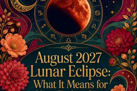 Crimson lunar eclipse surrounded by a golden zodiac wheel, dahlias, stars, and colorful celestial swirls.