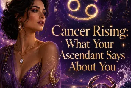 Celestial Cancer Rising image with a woman, glowing Cancer symbol, moonlit ocean, and crab against a purple cosmic sky.
