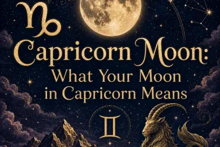 Celestial Capricorn Moon graphic with a glowing full moon, Capricorn symbol, golden sea-goat, mountains, and stars.