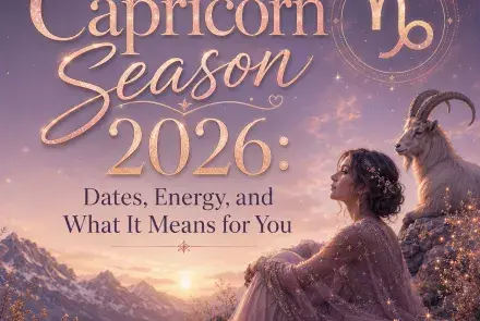 Capricorn Season 2026 astrology image with a woman in a flowing lavender dress, a mountain goat, glowing stars, and a soft sunrise over snowy mountains.
