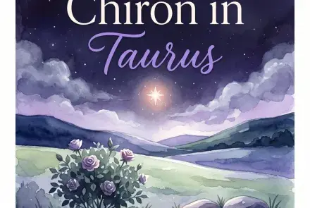 Chiron in Taurus: a glowing star over a moonlit pasture with a blooming rose bush and smooth stones