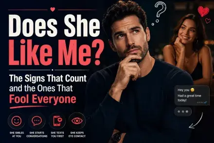 Thoughtful man wondering whether a smiling woman likes him, with texting and attraction signs.